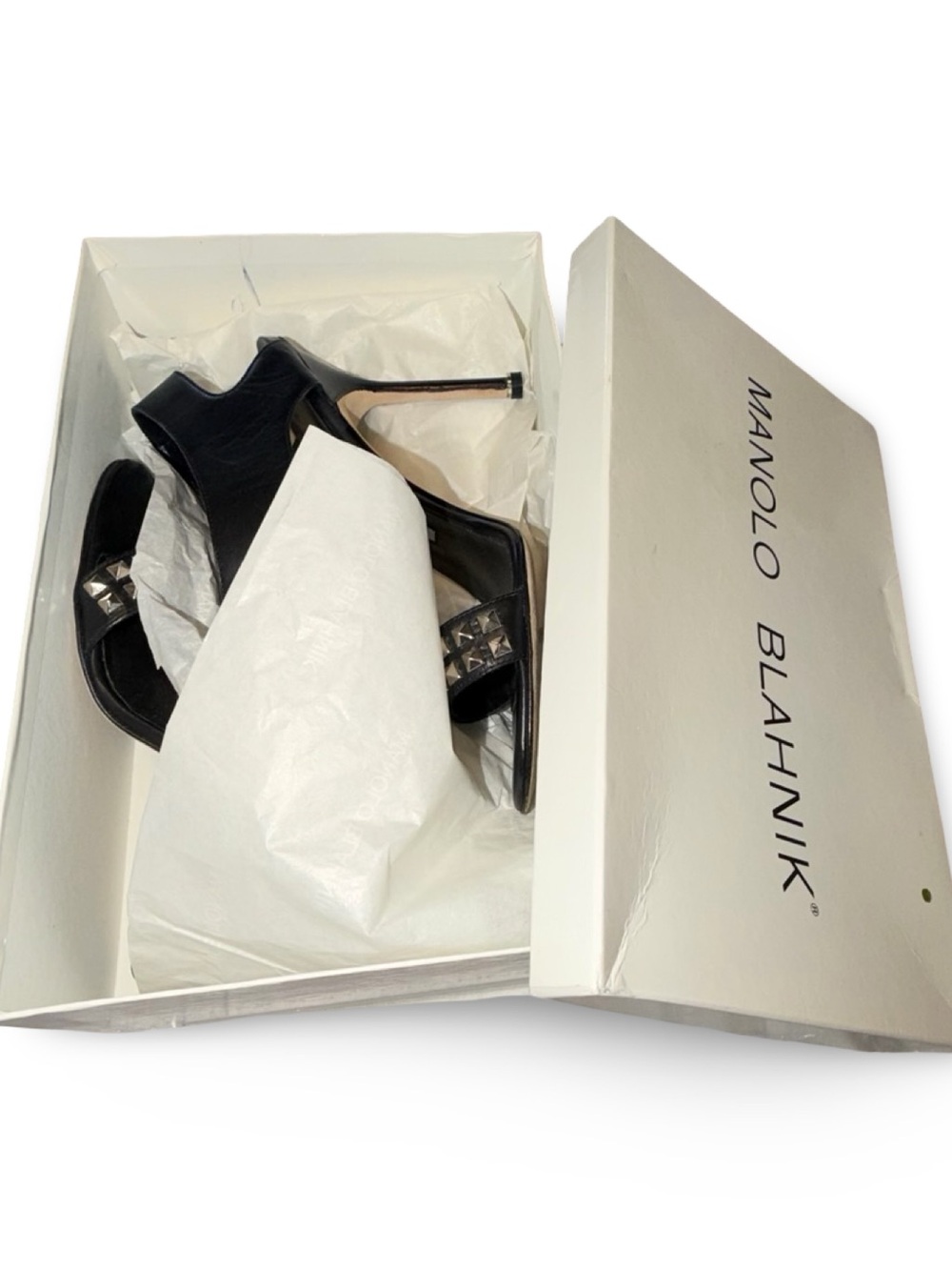 Manolo Blahnik Black Studded Leather Buckle Ankle Strap Sandals, 38 - Picture 14 of 16